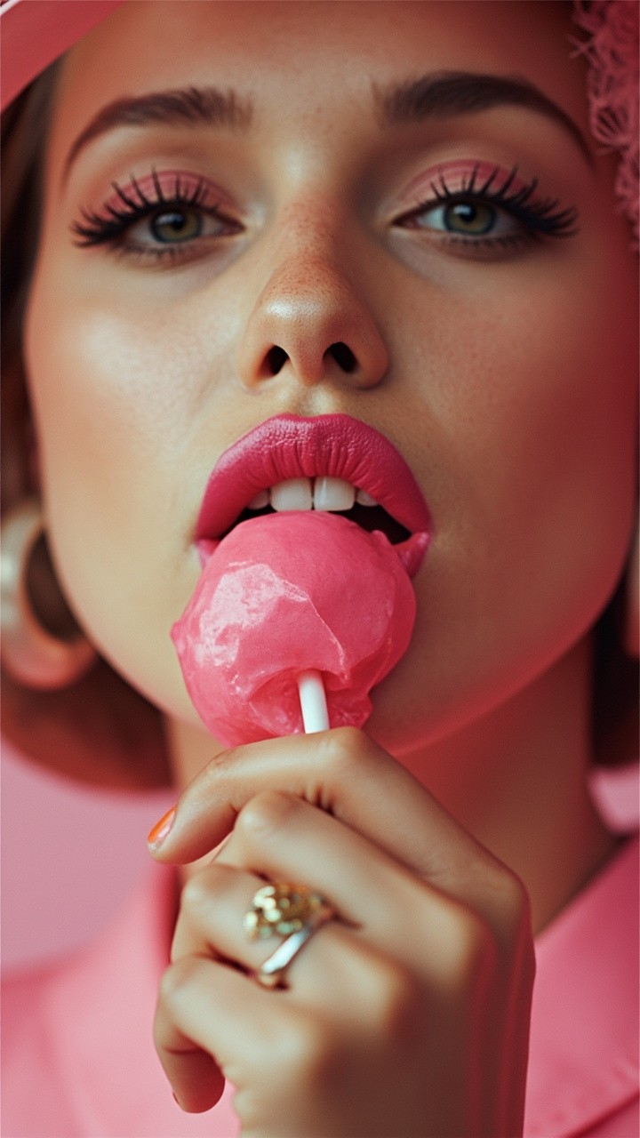 A Fashionable Girl Licking a Pink Lollipop