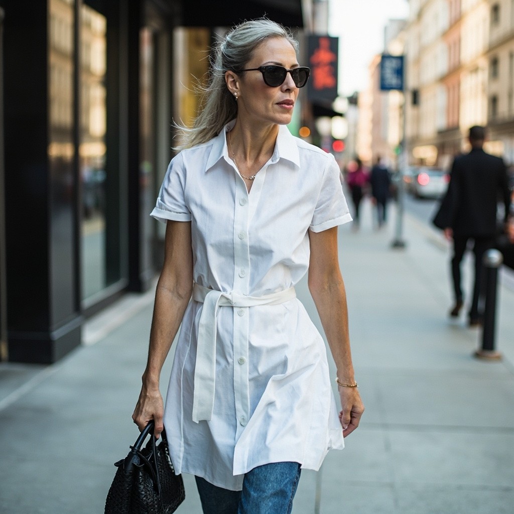 A Middle-aged Woman in Casual City Chic Outfit