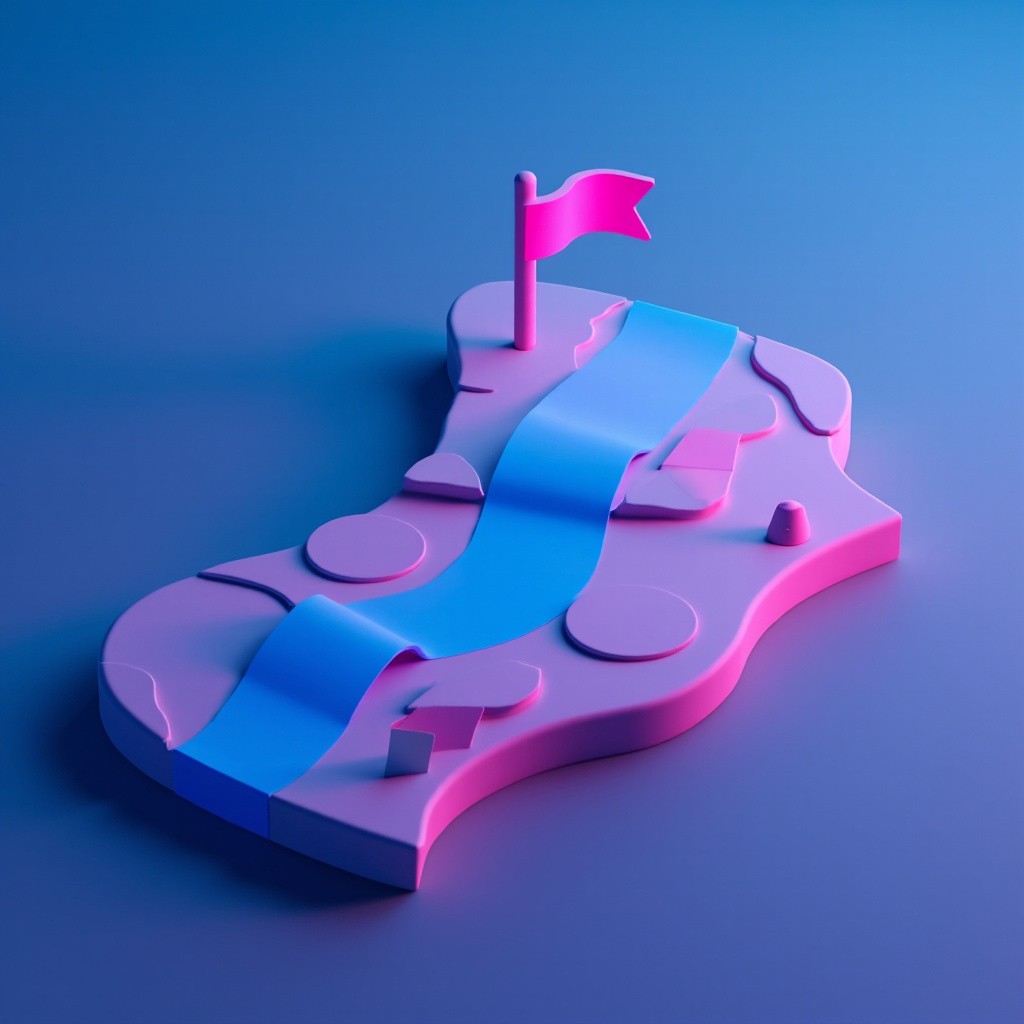 A Modern 3D Map with Neon Path and Flag