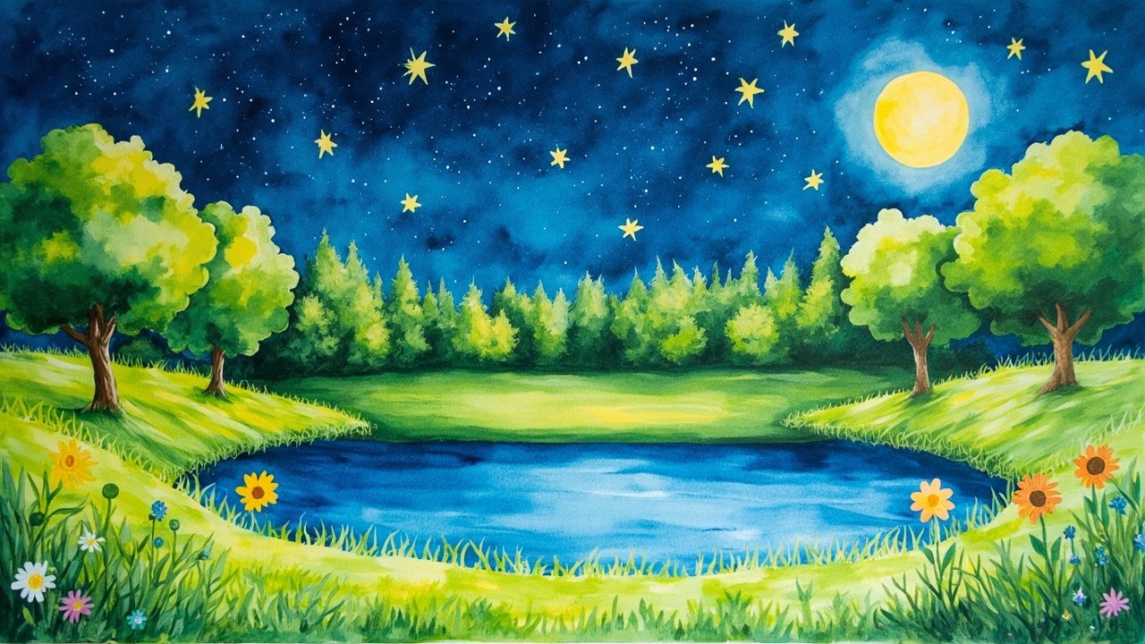 A Nighttime Park and Pond Children's Illustration