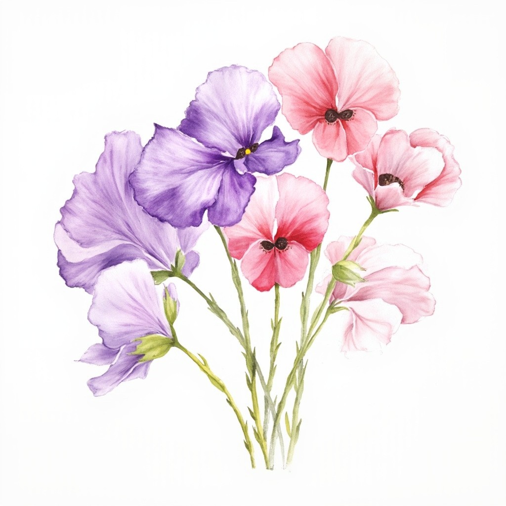 A Watercolor Bunch of Vibrant Sweat Peas