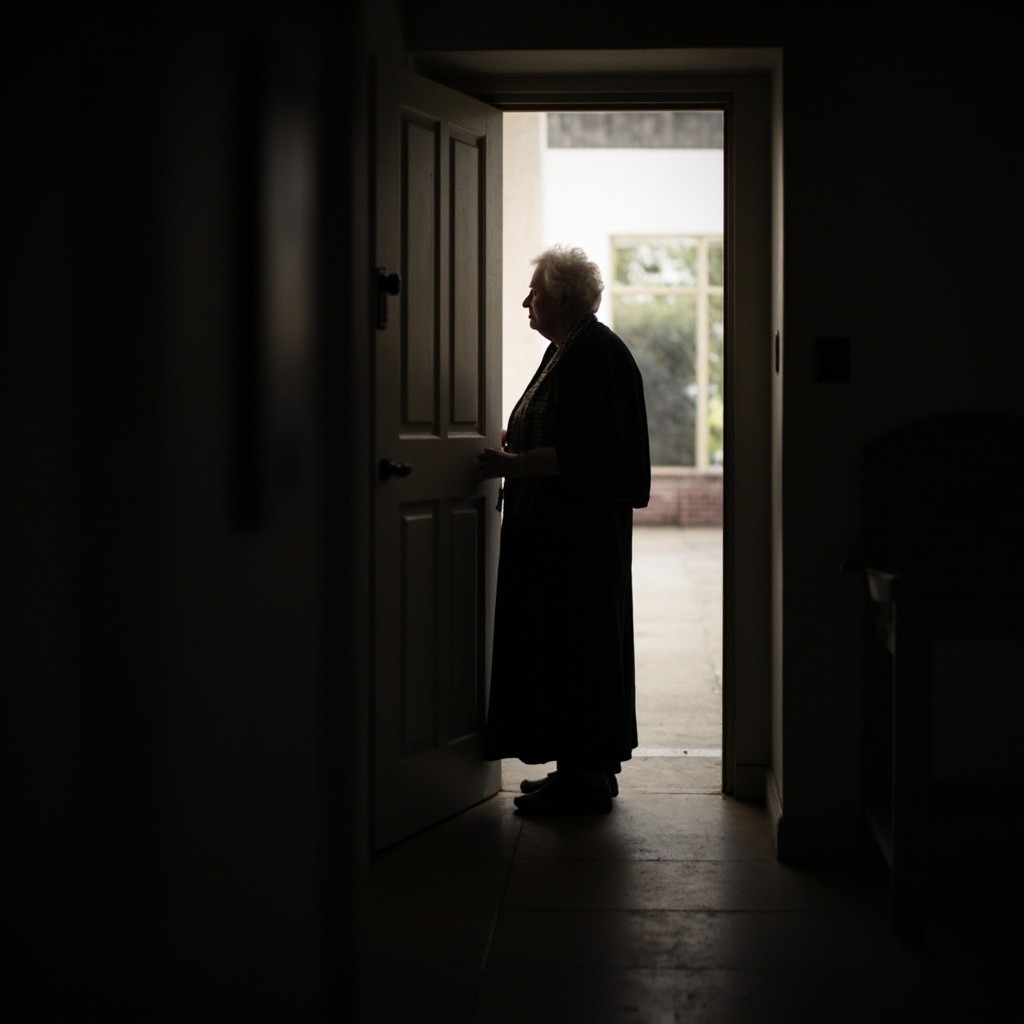 An Elderly Woman Waiting by the Door
