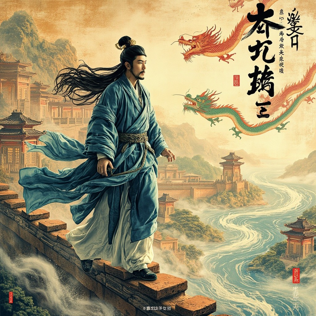 Ancient Chinese Man Strolls City Wall, Dragons Aloft