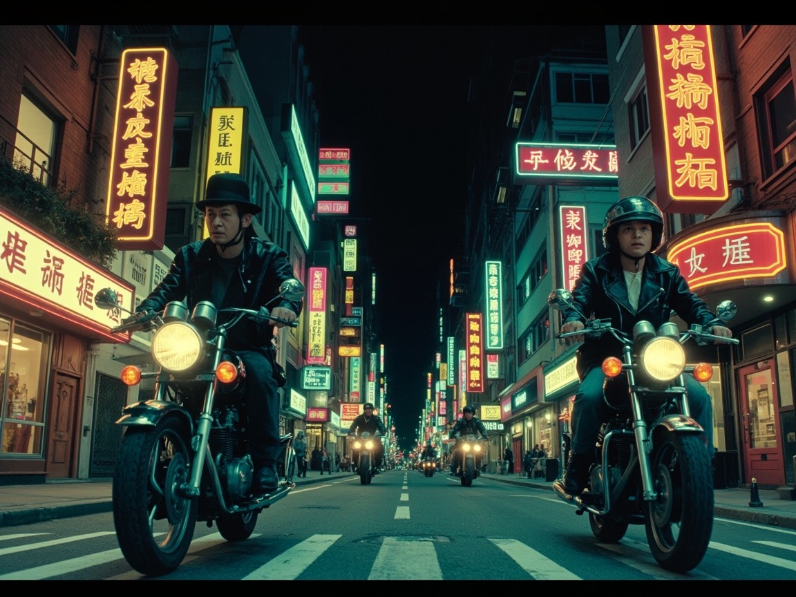 Animated BladeRunner Streets with Retro Neon Motorbikes