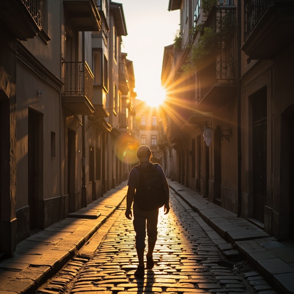Backpacker Strolls through Old European Town at Dusk
