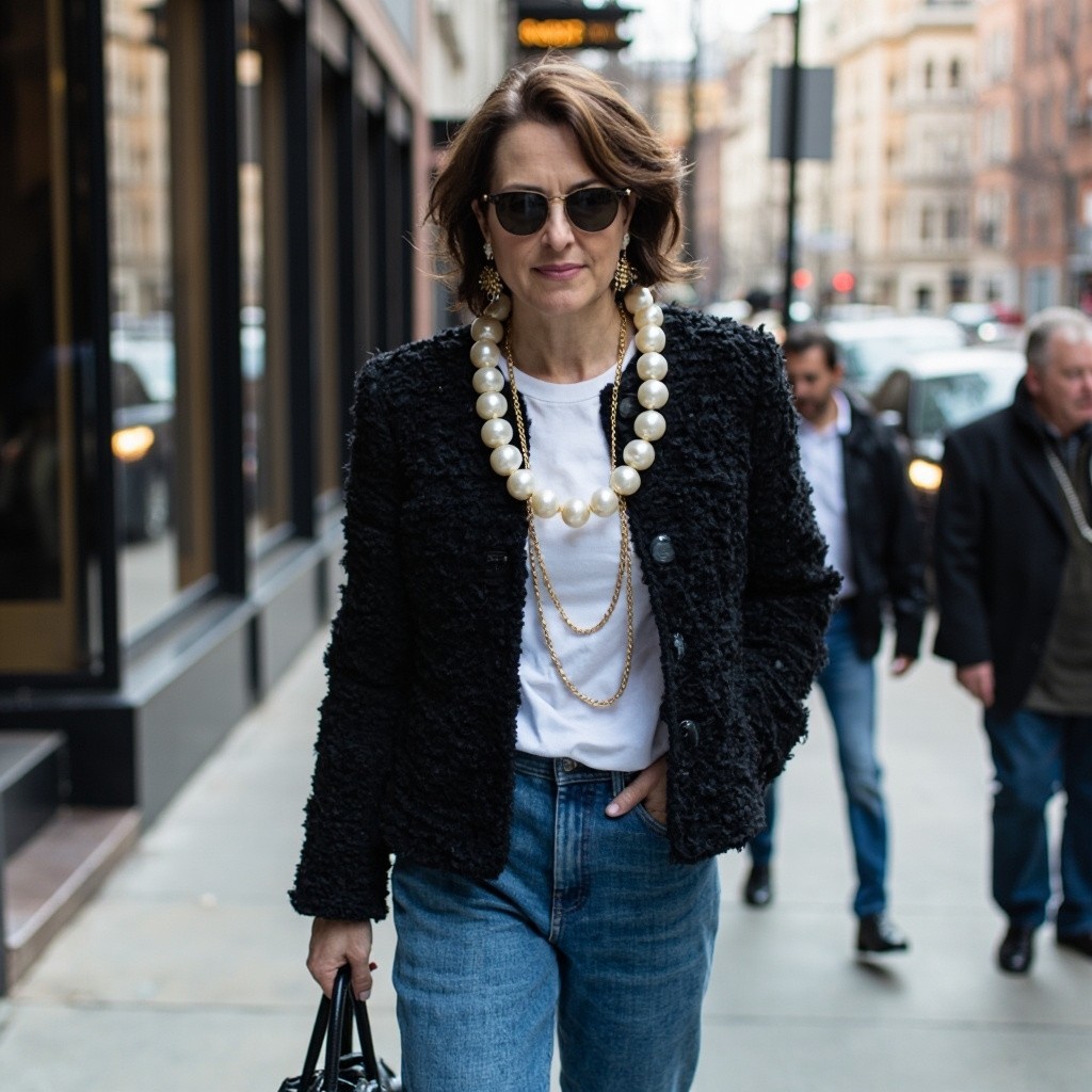 Chic Lady in Chanel Jacket and Denim on City Street