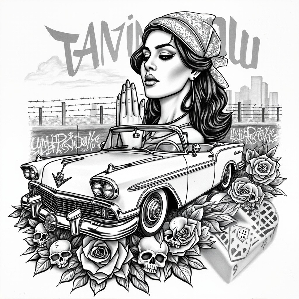 Chicano-Style Sketch of Woman, Lowrider and Cultural Symbols