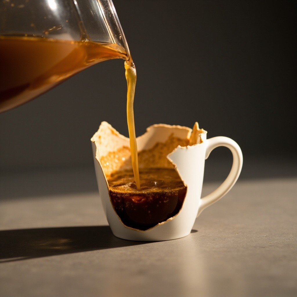 Coffee Pouring into a Cracked, Leaking Cup