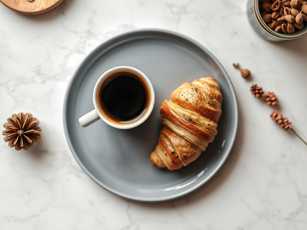 Coffee and Croissant on White Marble Table