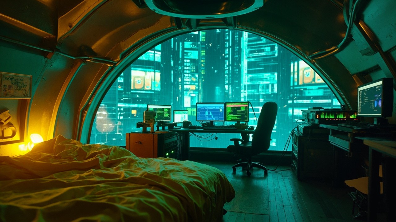 Cyberpunk Hacker's Bedroom Overlooking Neon-Blue Cityscape