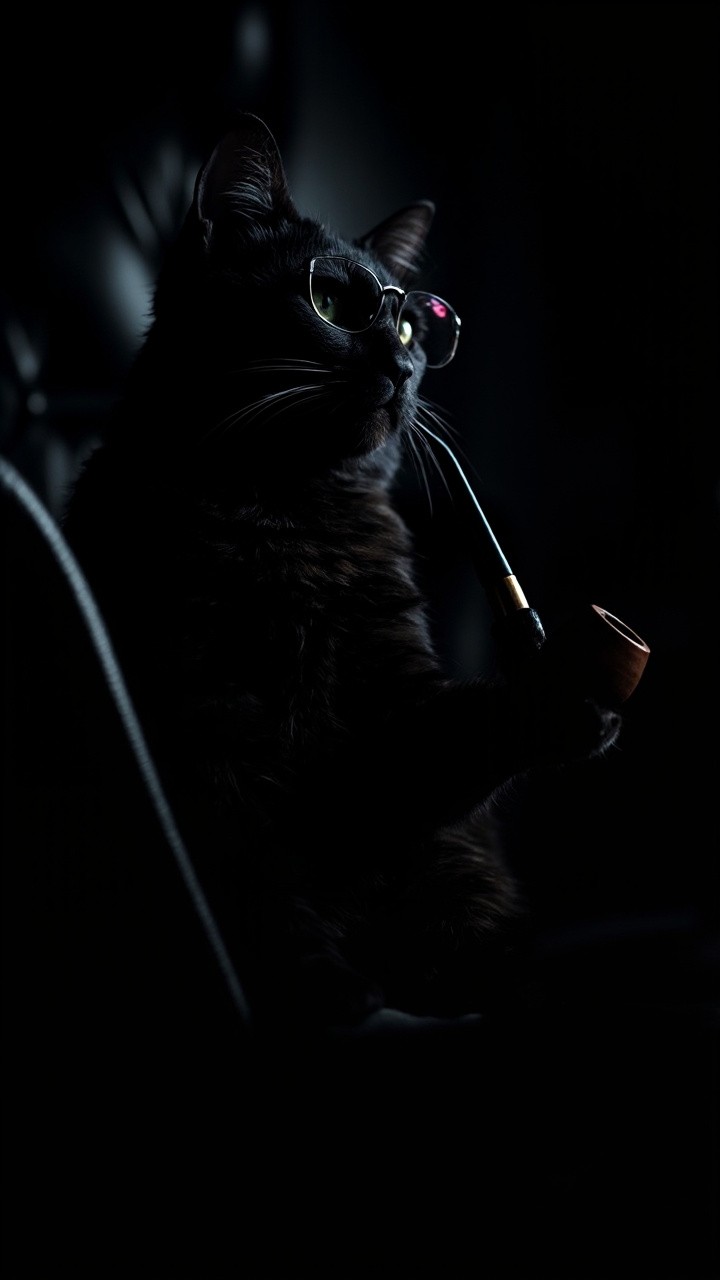 Elegant Cat Holding Pipe in Mysterious Dark Room