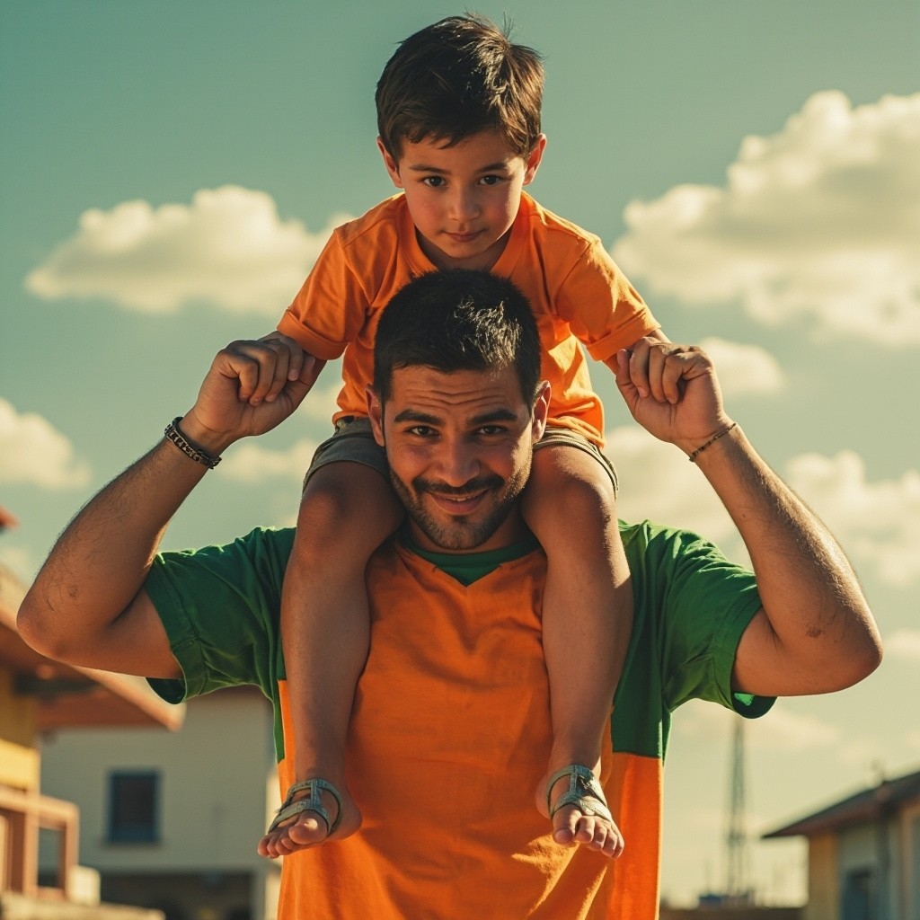 Father Carrying Son on Shoulders from Behind