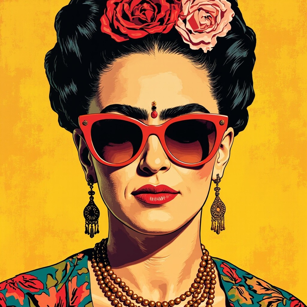 Frida Kahlo Pop Art Illustration with 70s Sunglasses