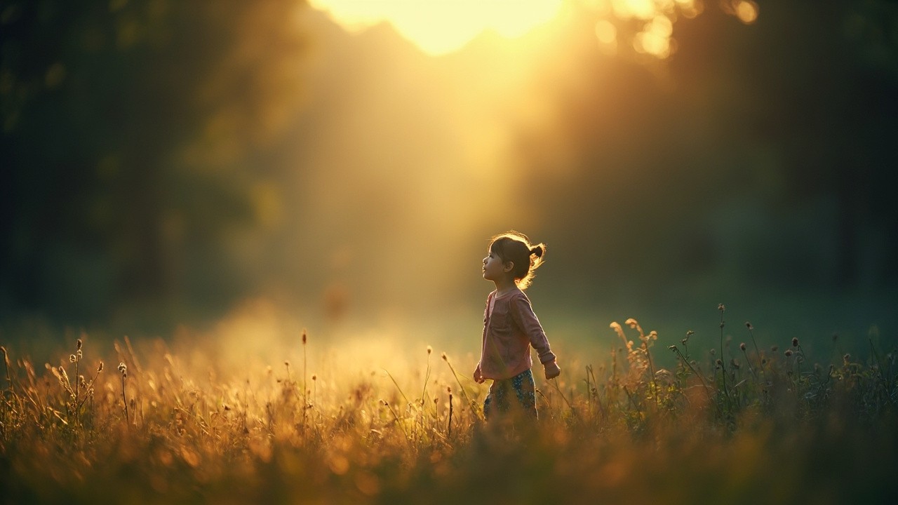 Girl Walking Alone in Forest at Dawn