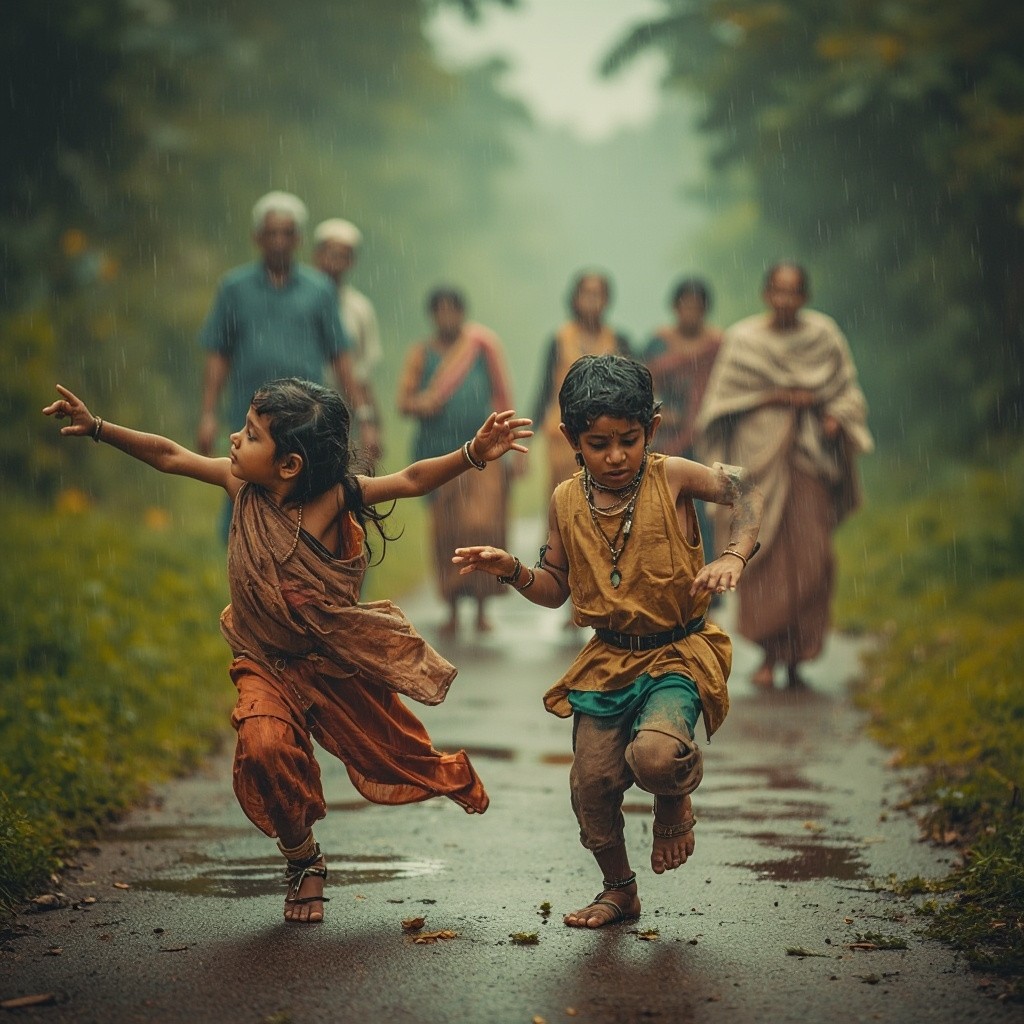 Indian Children Dancing in Rain, Elders Observing Nature