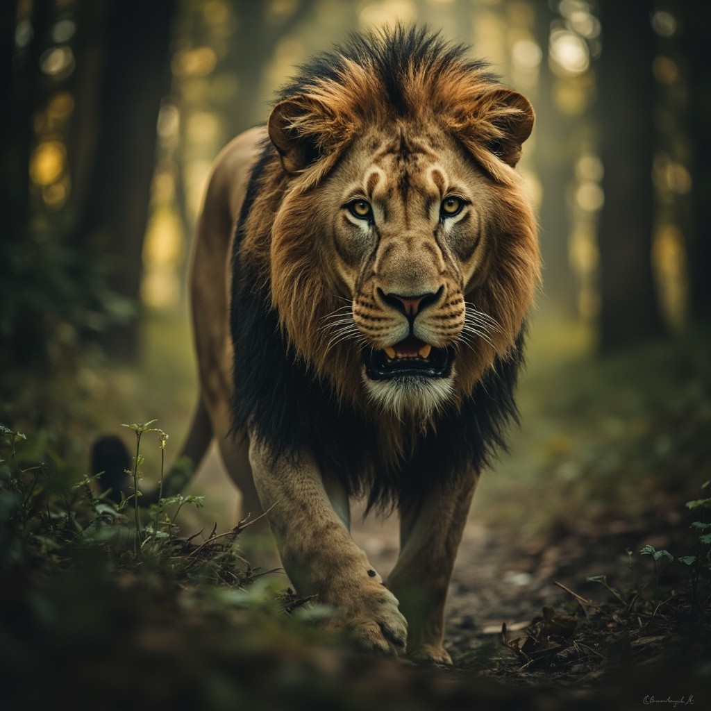 Lion Hunting Prey in the Forest