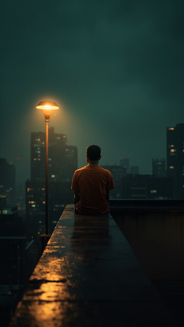 Lonely Figure on Rainy Rooftop at Night