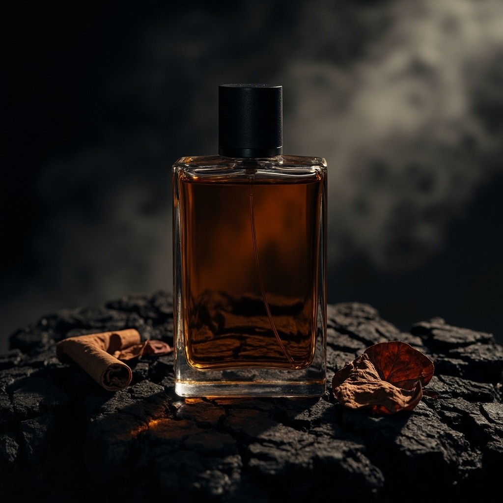 Luxury Perfume on Volcanic Rock with Cinematic Lighting