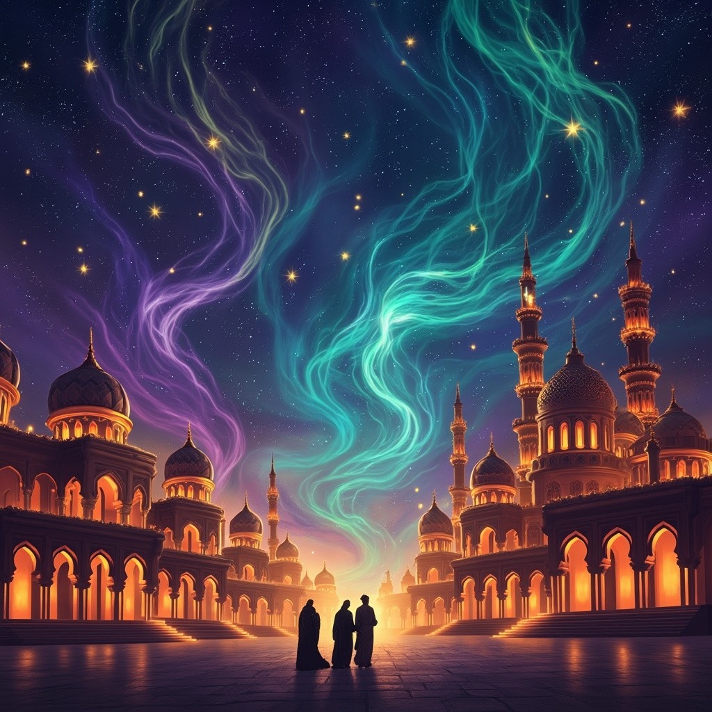 Magical Arabian Nights Cityscape with Ethereal Sky
