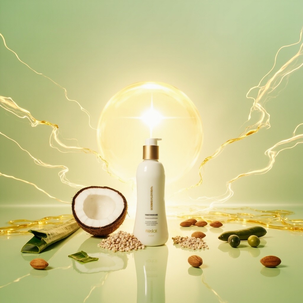Shampoo Ingredients Flowing into Luxurious White Bottle