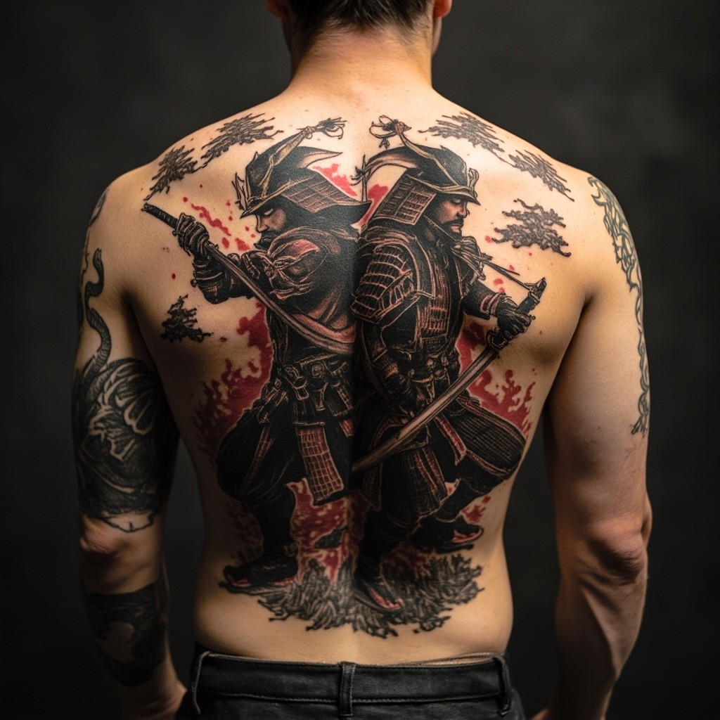 The Full Back Tattoo of Two Japanese Warriors