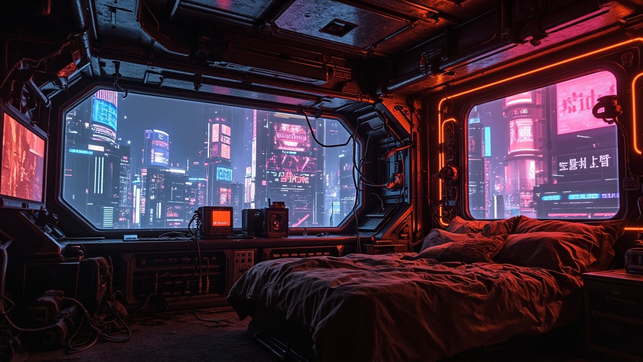 The Futuristic Cyberpunk Bedroom Overlooking a Neon City