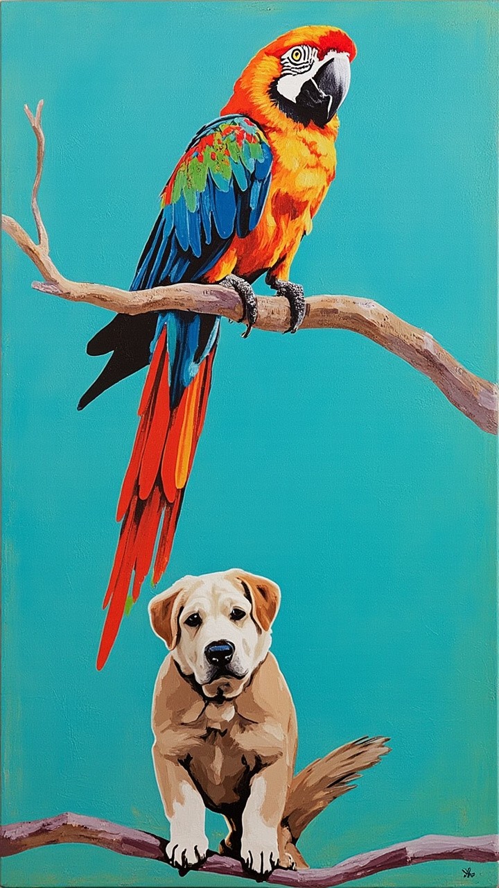 The Parrot Painting with a Dog Below